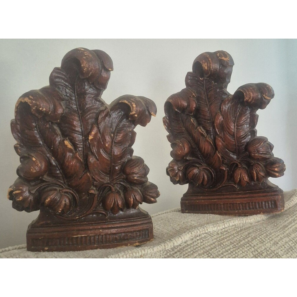 VTG  1940's Syrocowood Acanthus Leaves Bookends Pads Intact Sticker  Wear